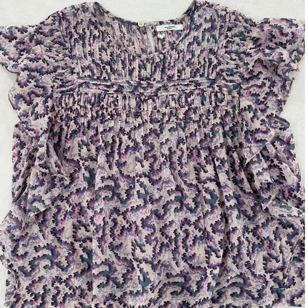 Isabel Marant Etoile Illayona Smocked Purple Floral Ruffle Top Blouse 40 8 Boho - Picture 6 of 8